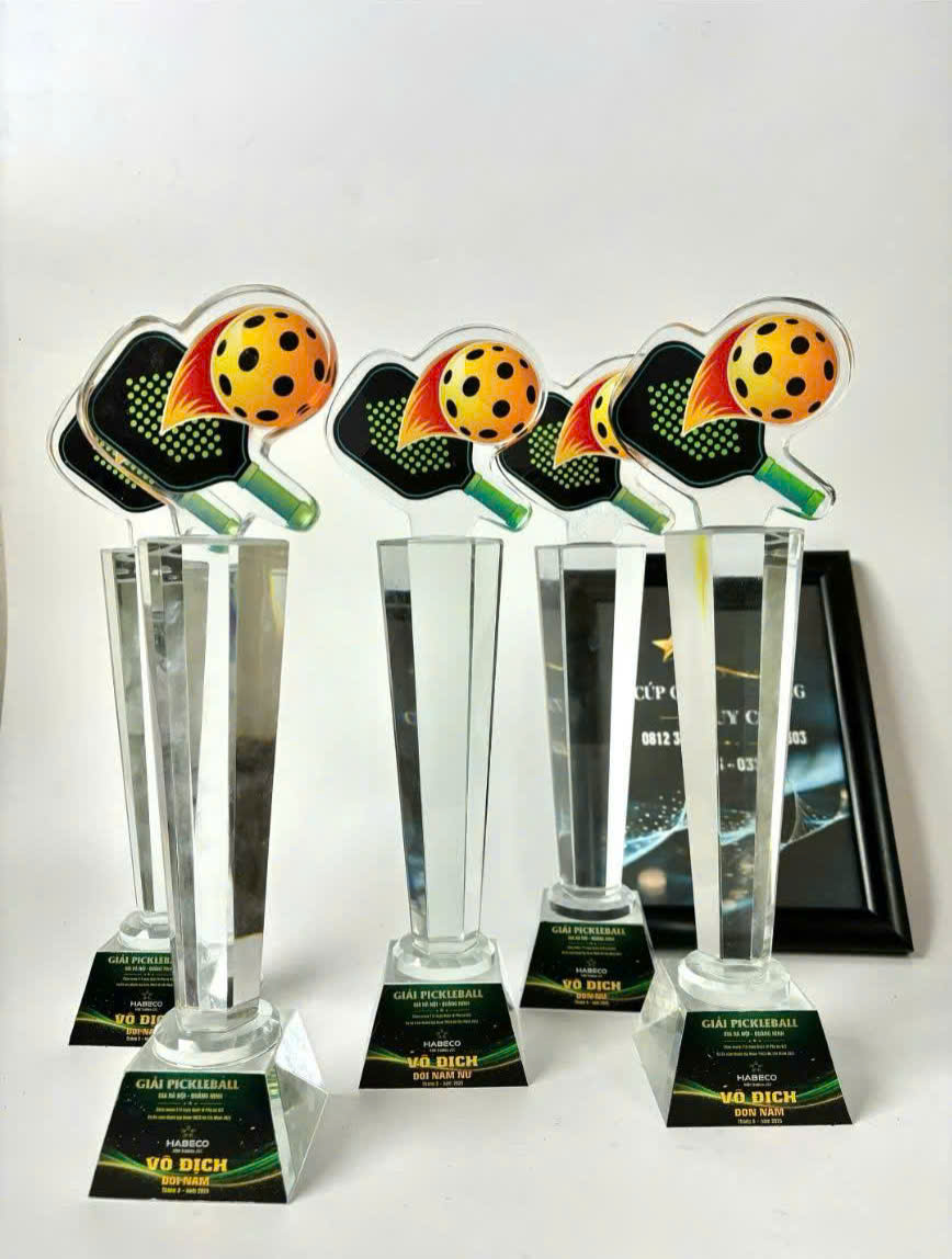 Cúp Pha Lê Pickleball – Biểu Tượng Vợt Và Bóng Màu Sắc Nổi Bật